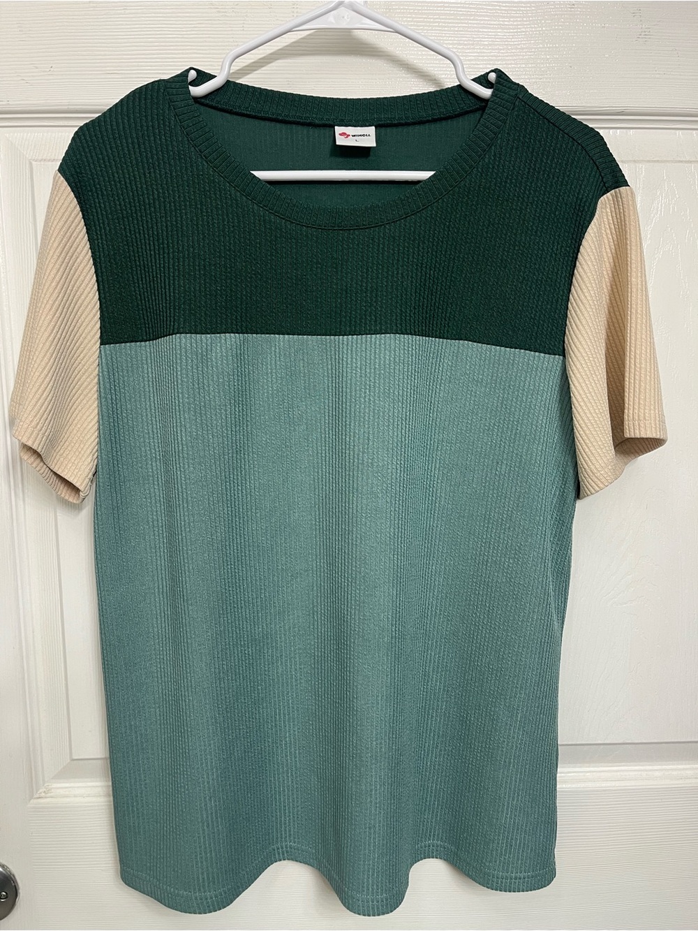 Colorblock Short-Sleeve Ribbed Top - Green/Seafoam/Beige